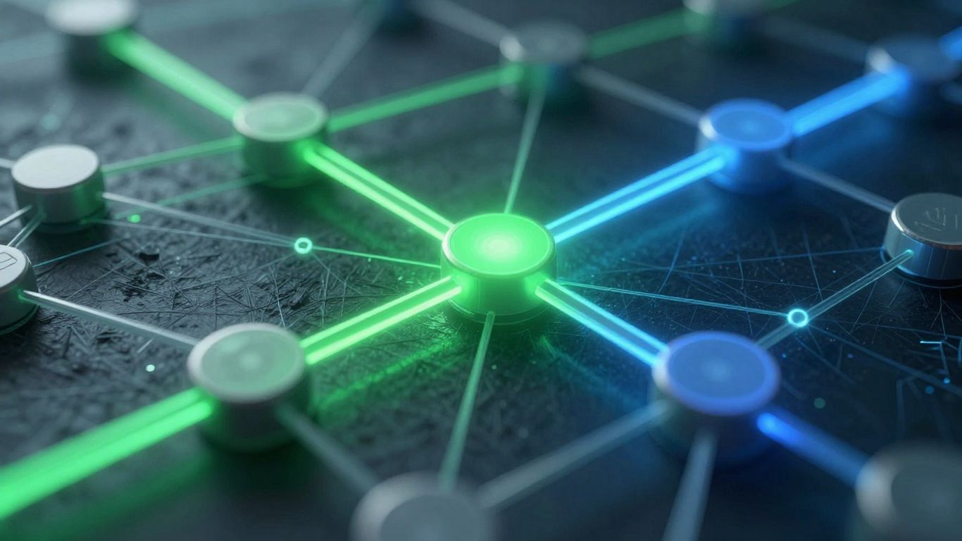 Abstract financial network with green and blue hues.
