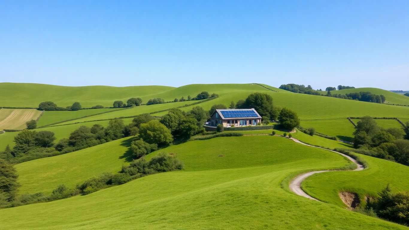 Green hills and eco-friendly building in North Yorkshire.