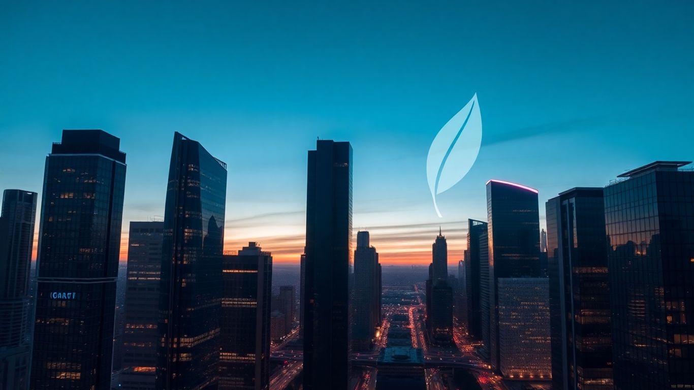 Digital data streams connecting a modern cityscape.