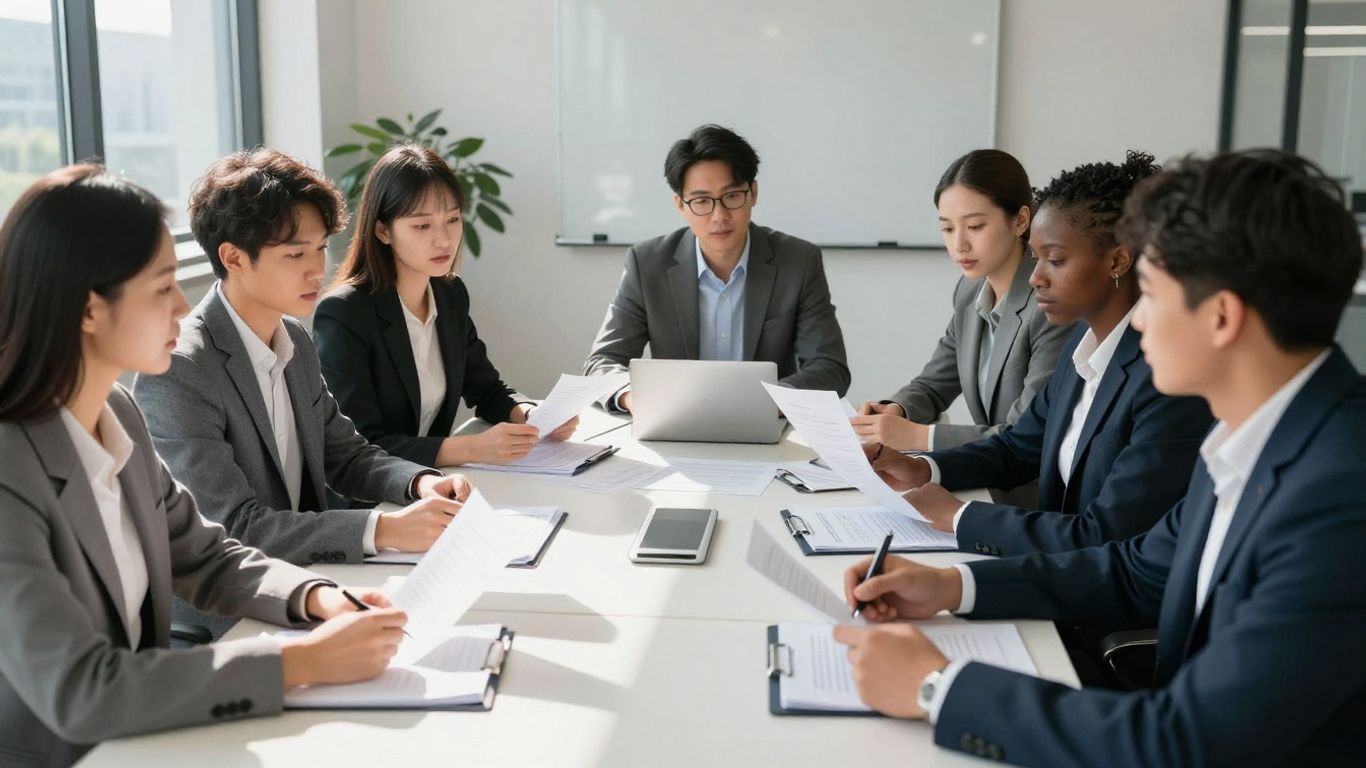 Business professionals collaborating on ESG strategy.