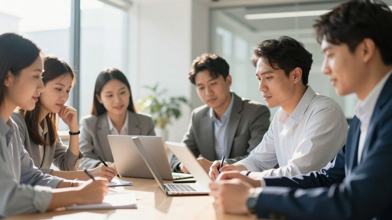 Business professionals collaborating in a modern office setting.