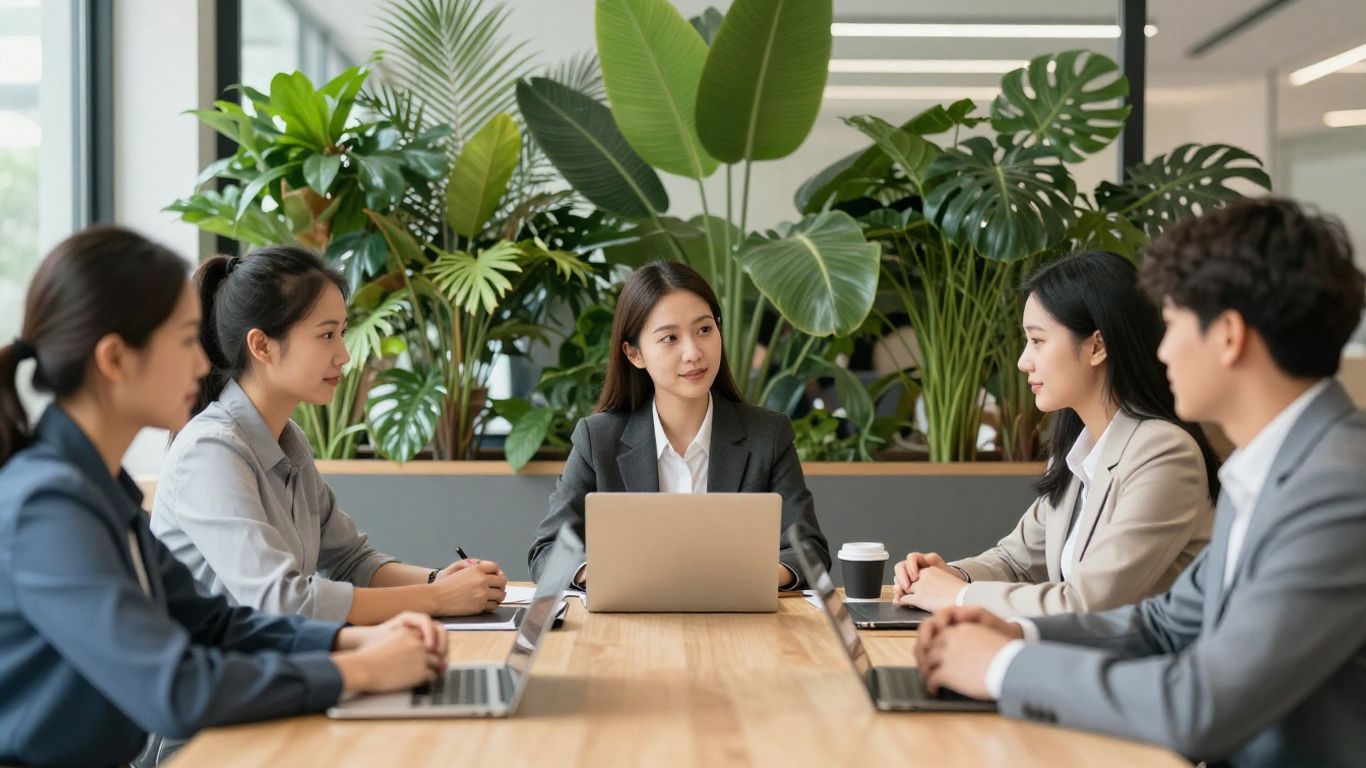 Business professionals in a sustainable office environment.