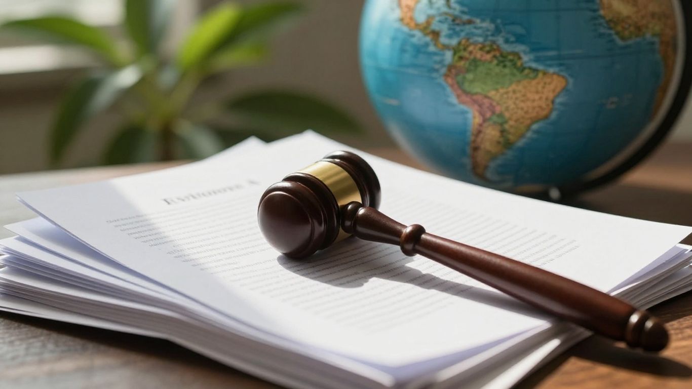 Gavel on legal documents with globe and leaves backdrop.
