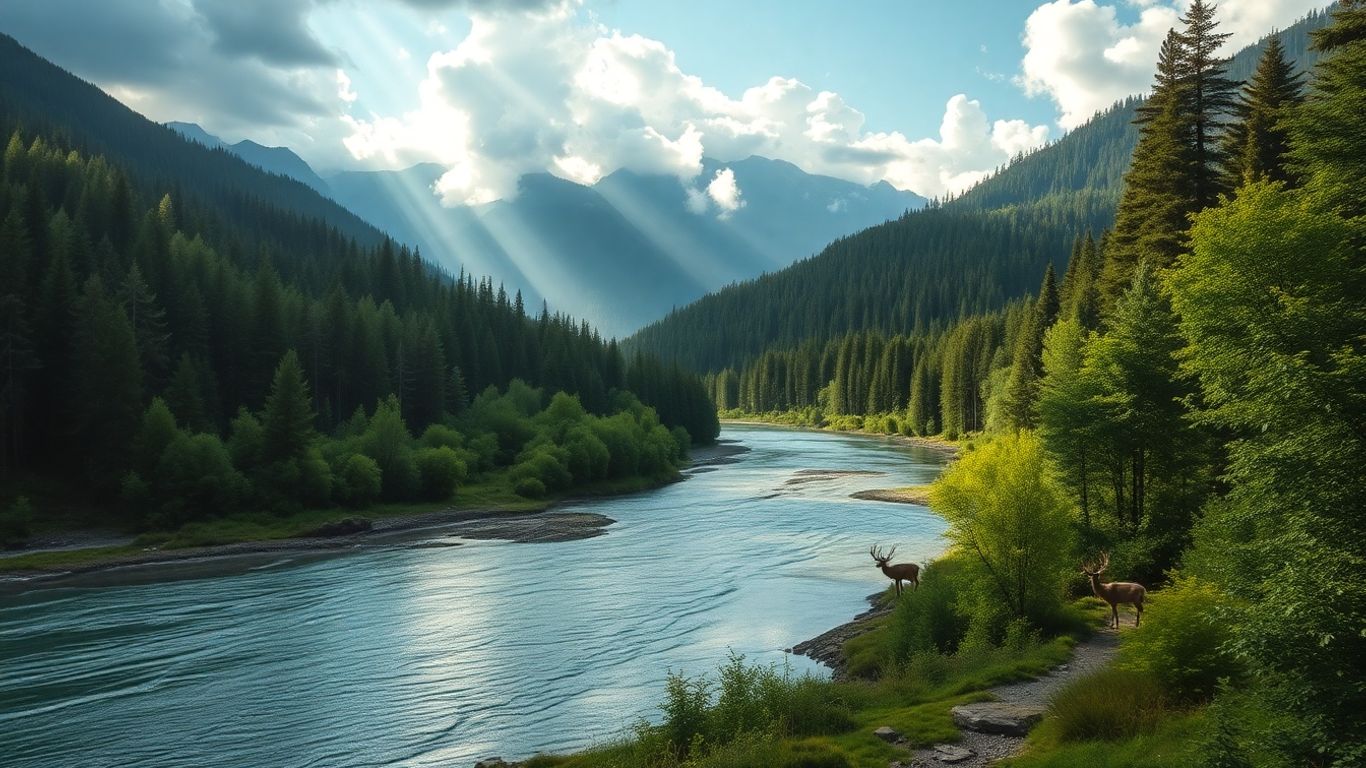 Thriving river ecosystem with forest mountains and wildlife