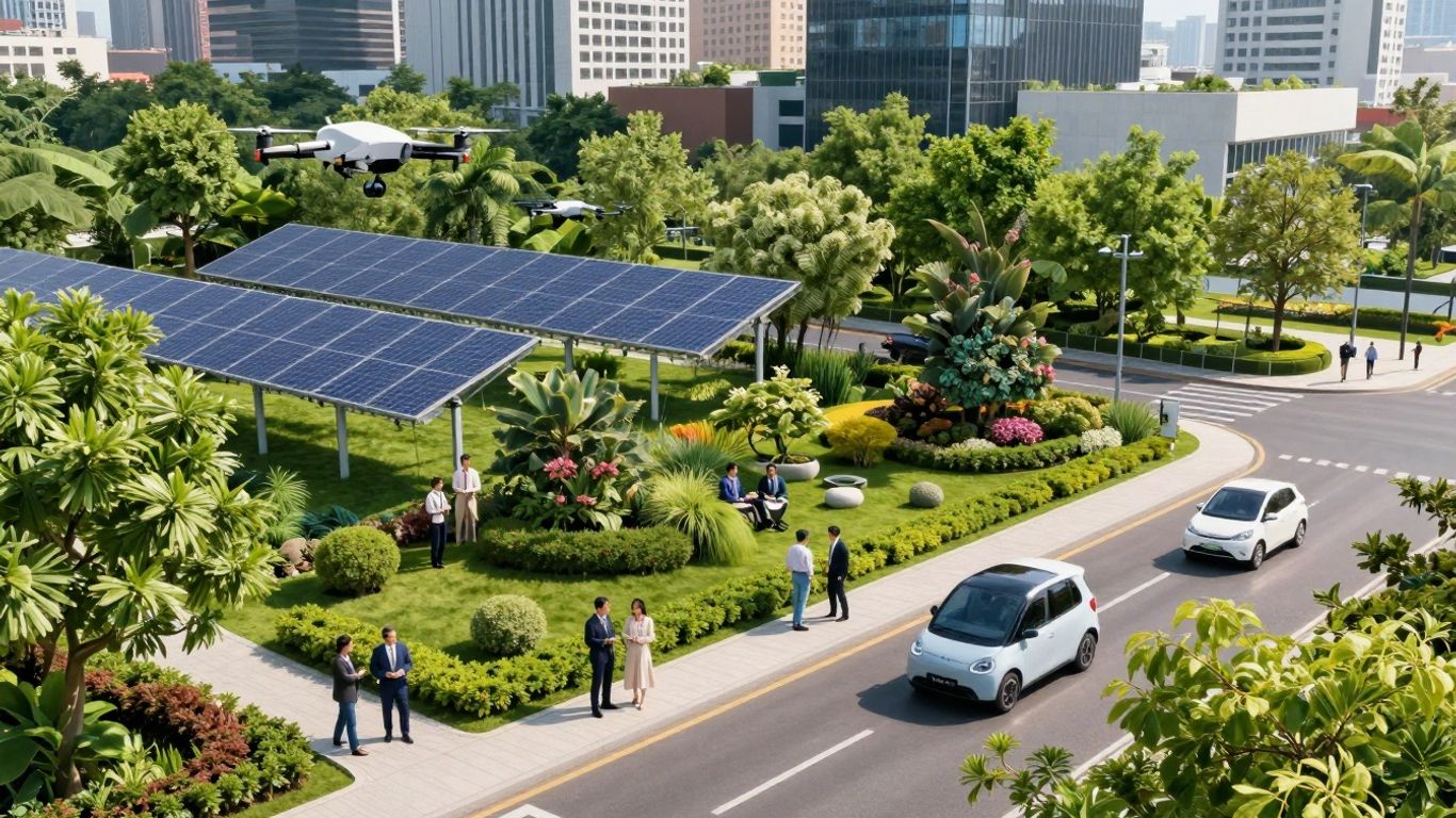Diverse professionals collaborating in a green, tech-integrated cityscape.