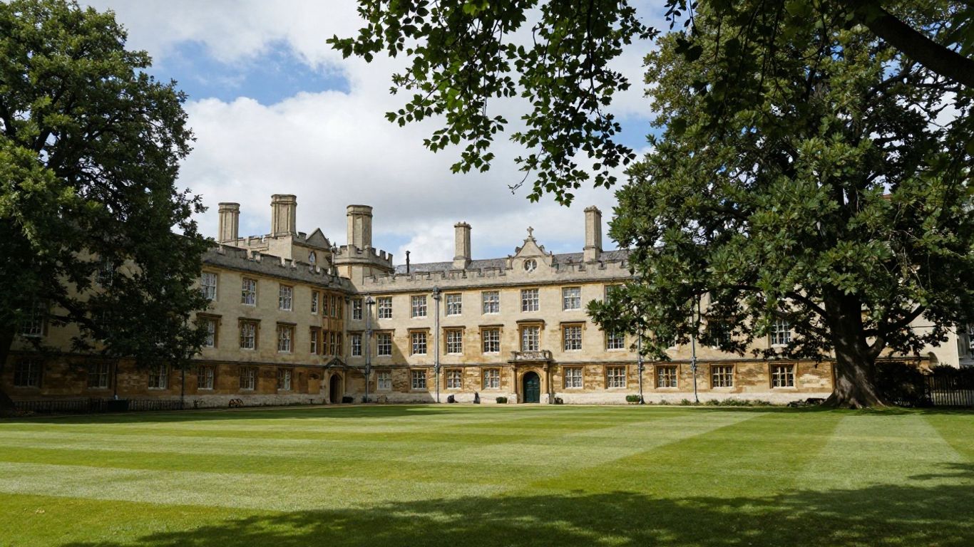 Oxford University campus with historic buildings and greenery.