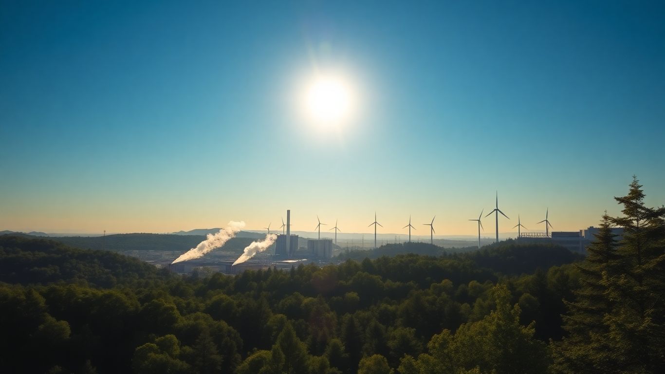Forest and factories with wind turbines under blue sky