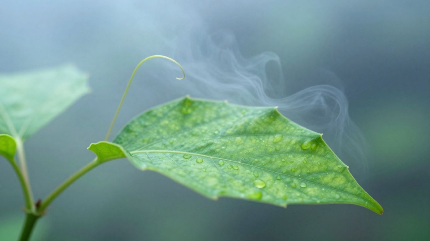 Green leaf with mist, symbolizing growth and clean air.