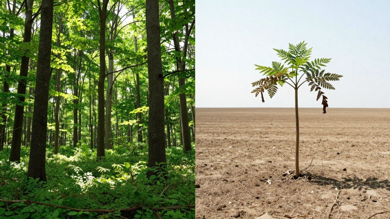 Green forest contrasted with a barren landscape.