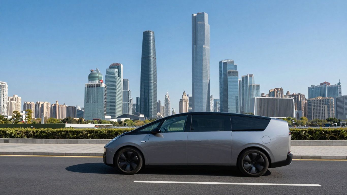 Cityscape with futuristic car, symbolizing clean air.