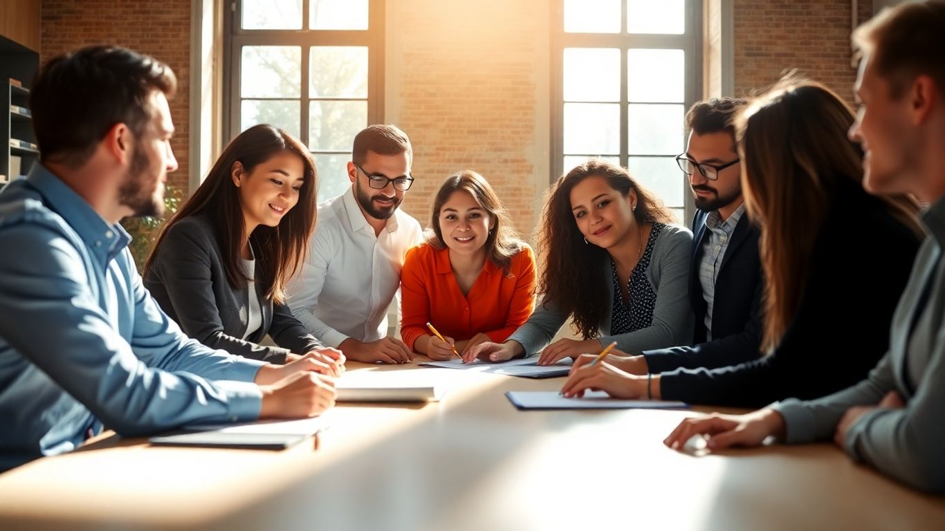 Teamwork and innovation in a modern office setting.