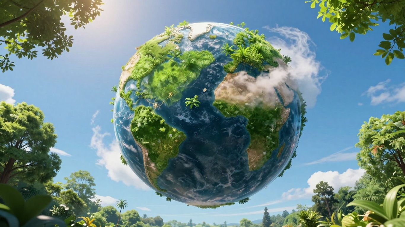Planet Earth with green trees and plants.
