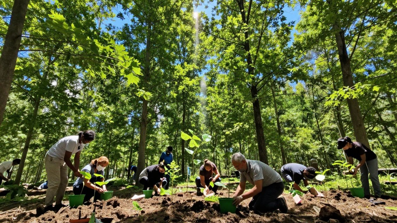 Green forest canopy with people planting trees.