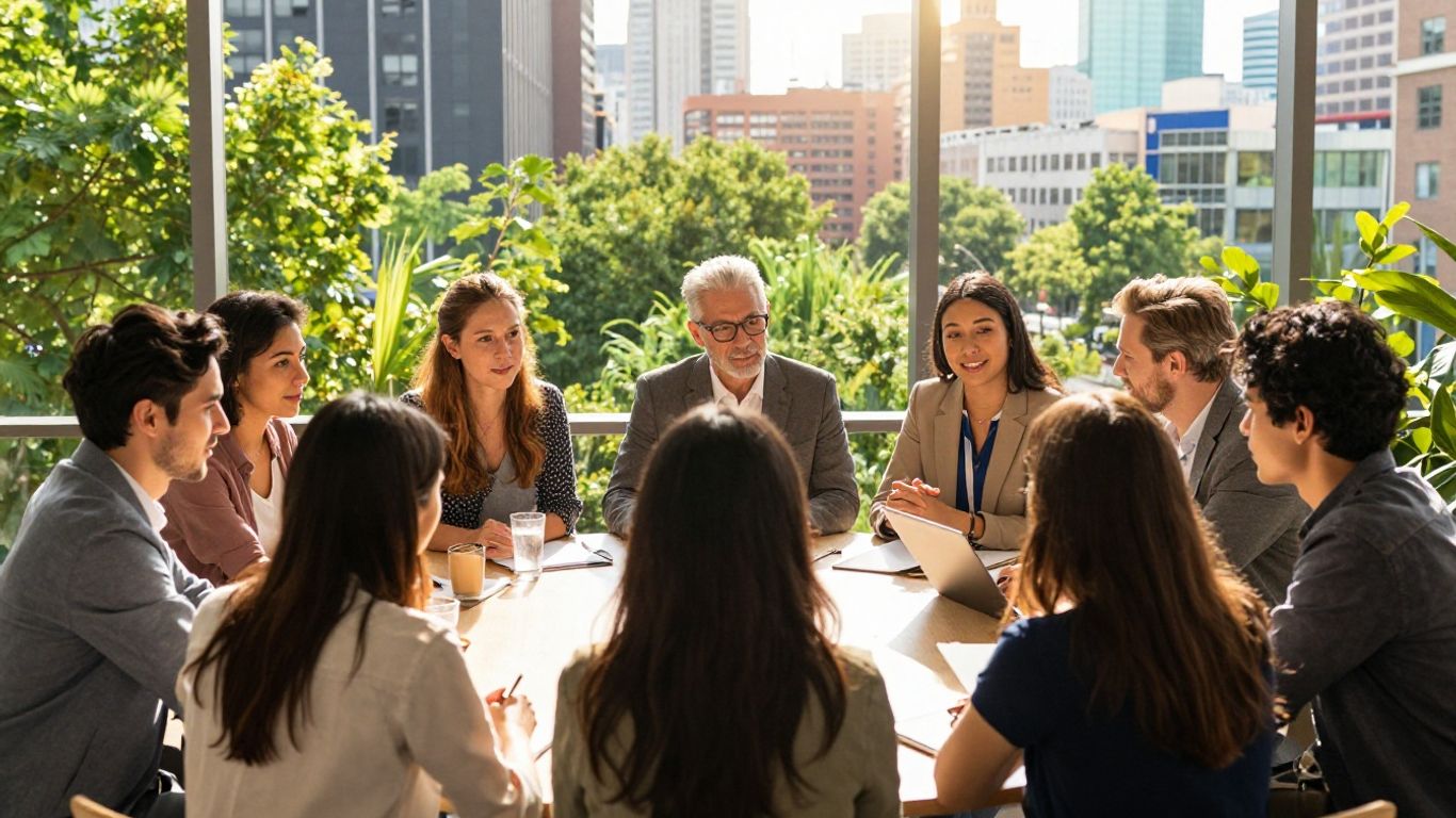 People collaborating with city and nature backdrop.