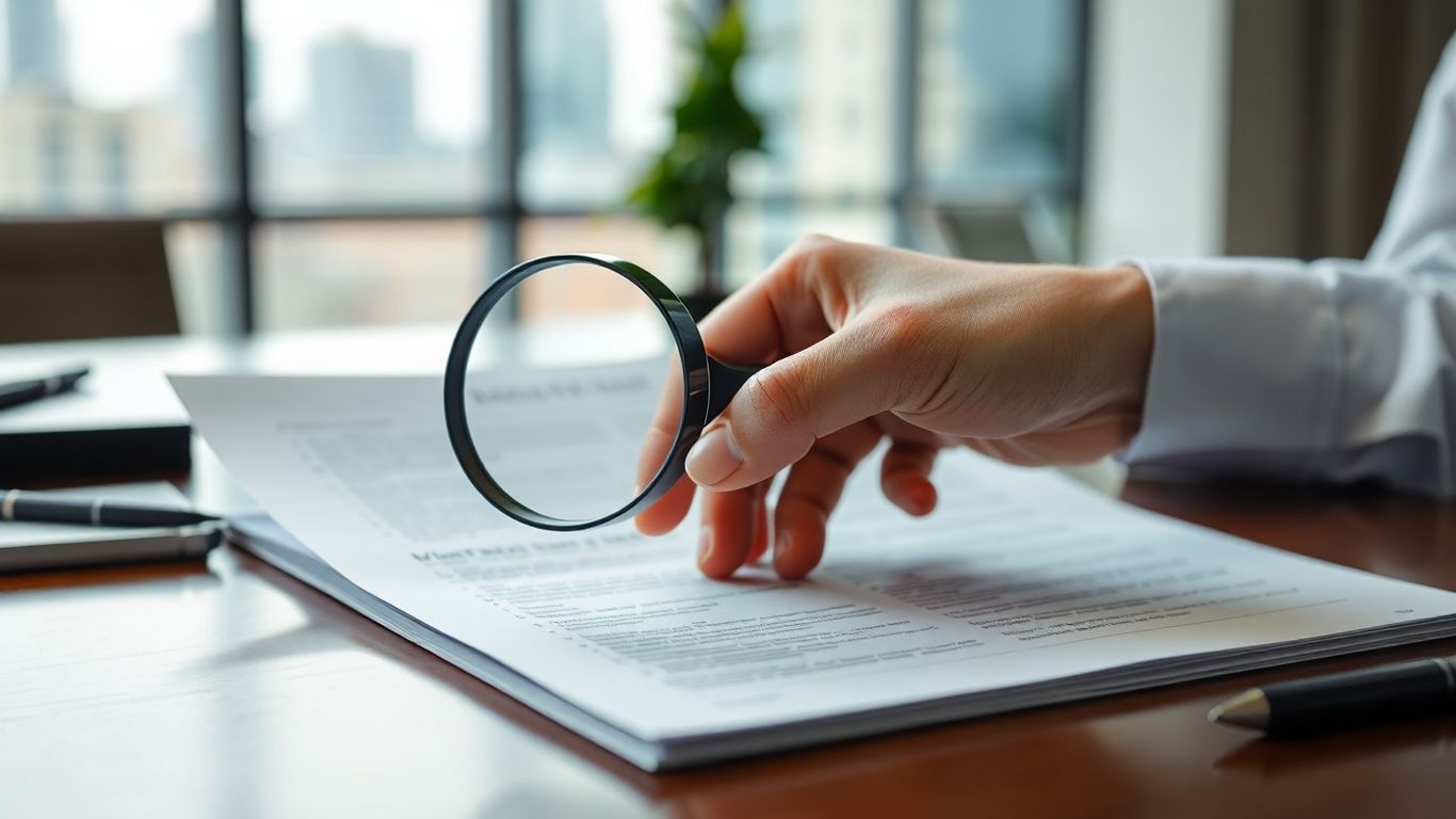 Magnifying glass over a document, professional setting.