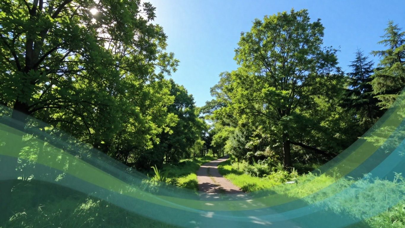 Green trees and blue sky with abstract environmental swirl.