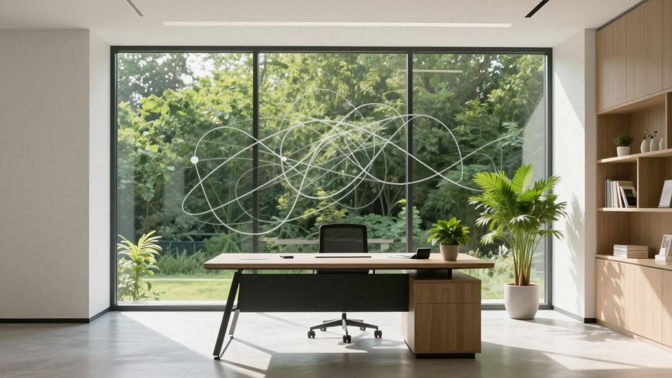 Green landscape visible through office window, symbolizing environmental focus.