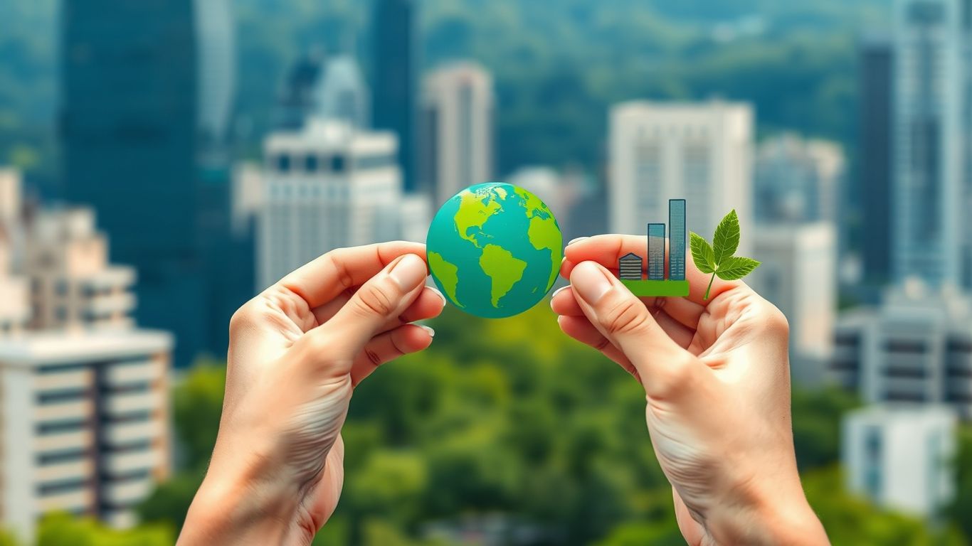 Hands with leaves and city, sustainability theme