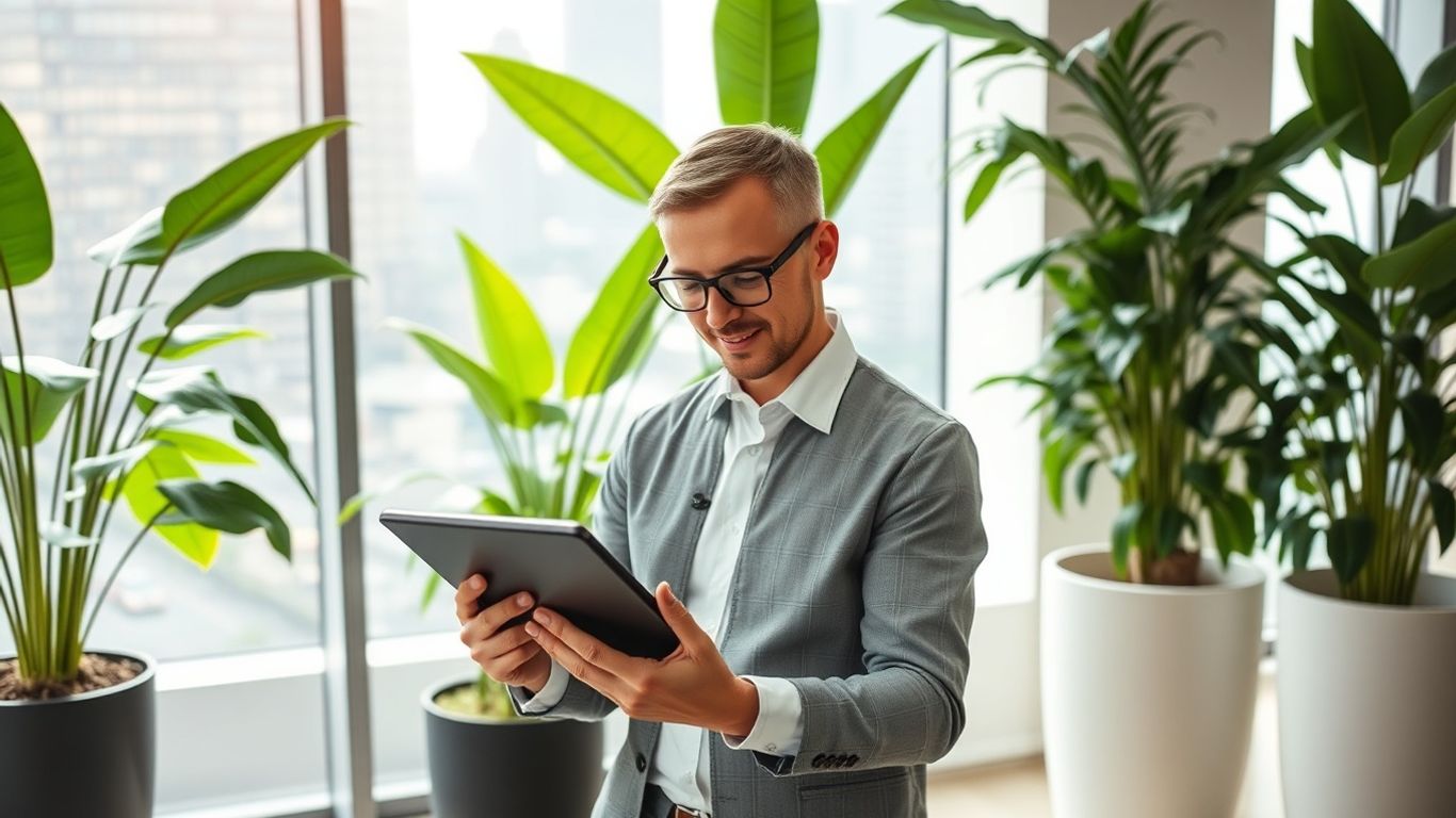 Business professional in modern office with green plants