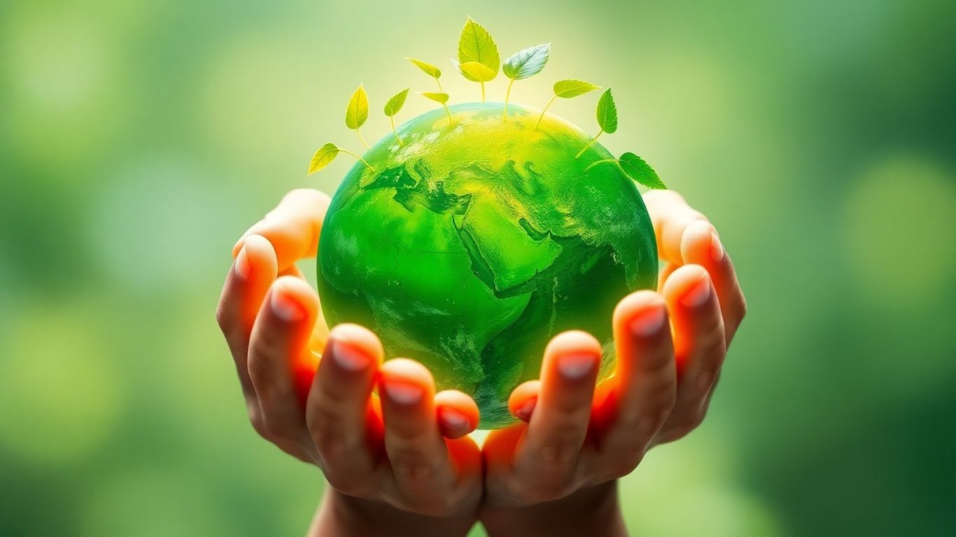 Green planet Earth held in hands with growing leaves.