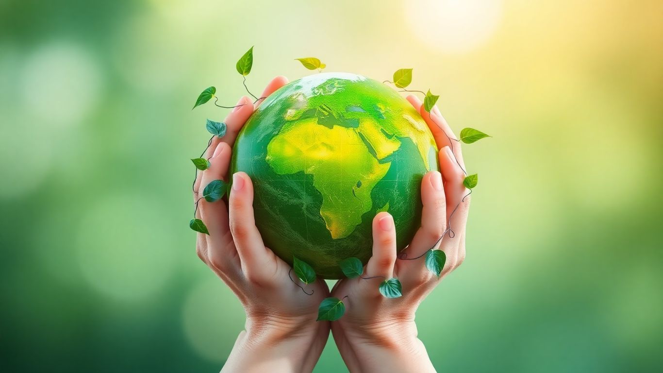 Planet Earth held gently, surrounded by green leaves.