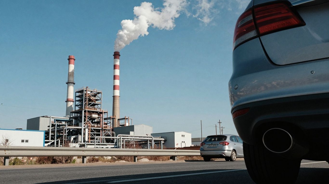 Factory smokestack and car exhaust pipes emitting fumes.