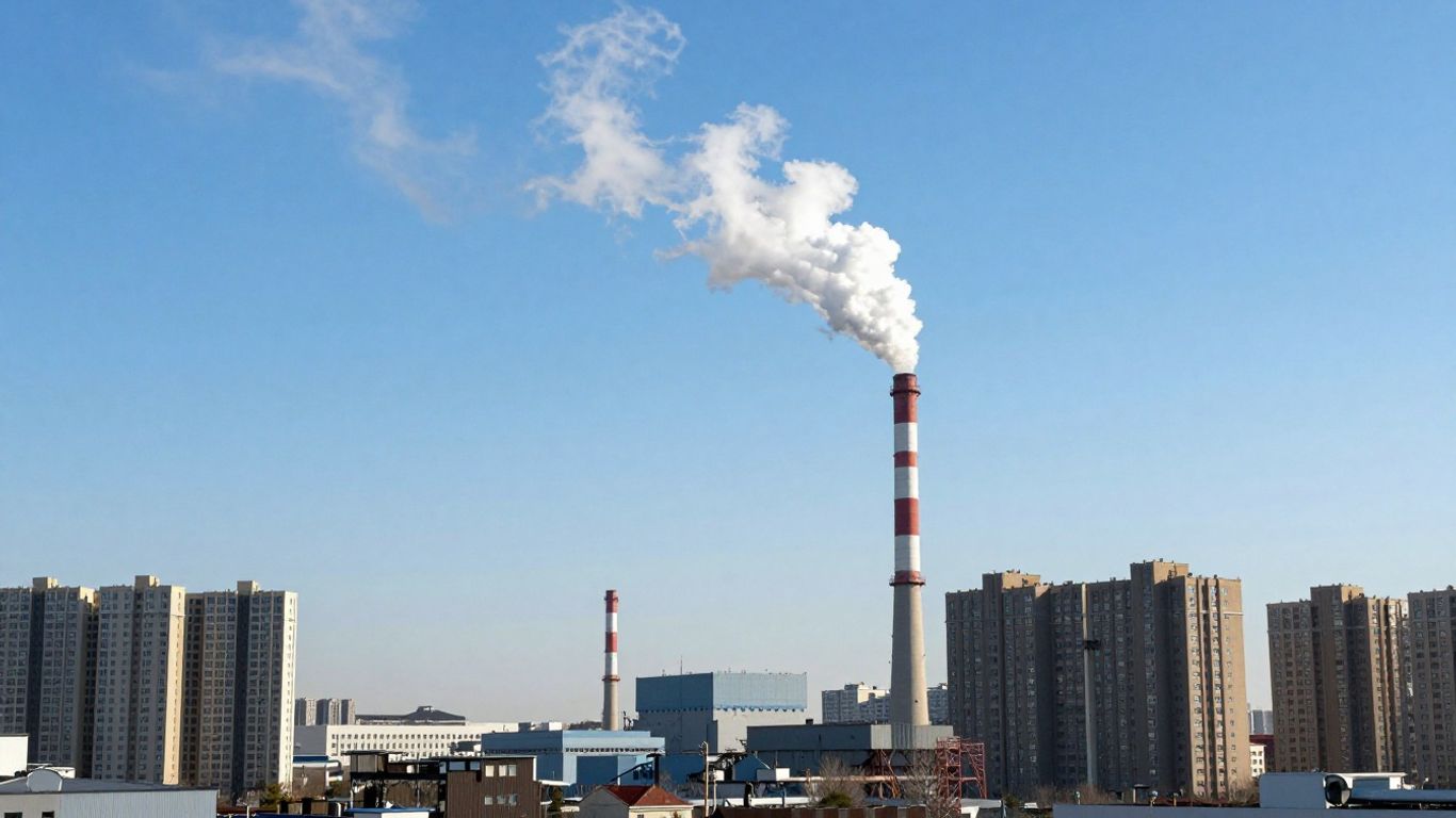 Power plant smokestack with city skyline under blue sky.