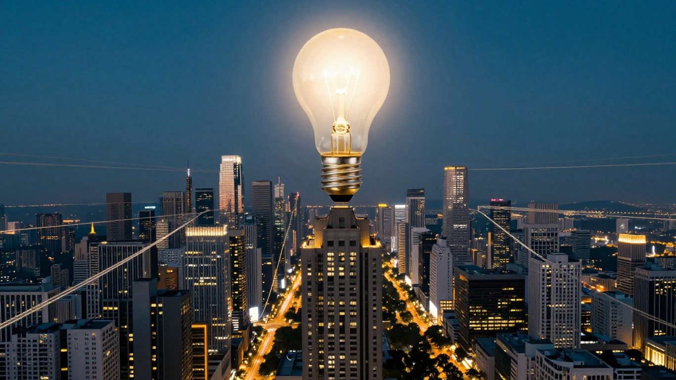 Cityscape with glowing power lines and a lightbulb.