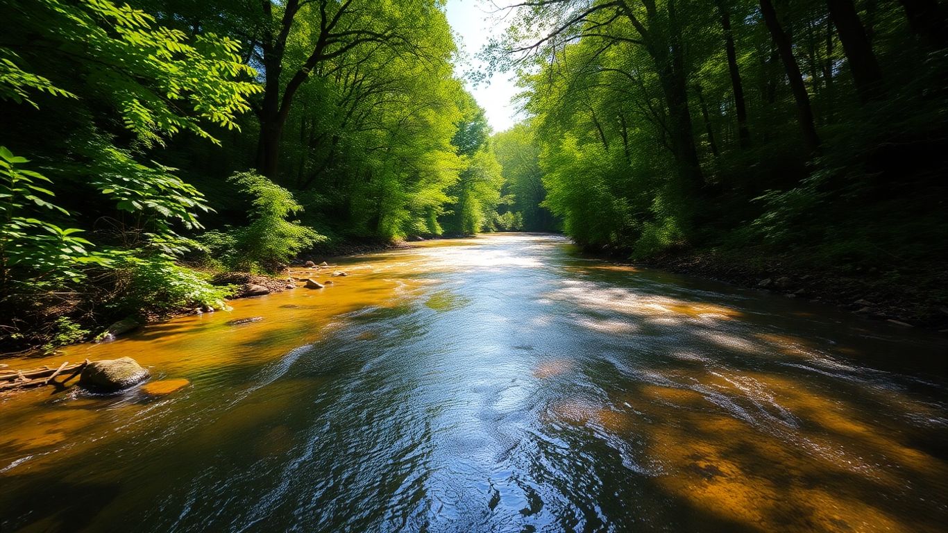 Lush forest with a clear river flowing through it.