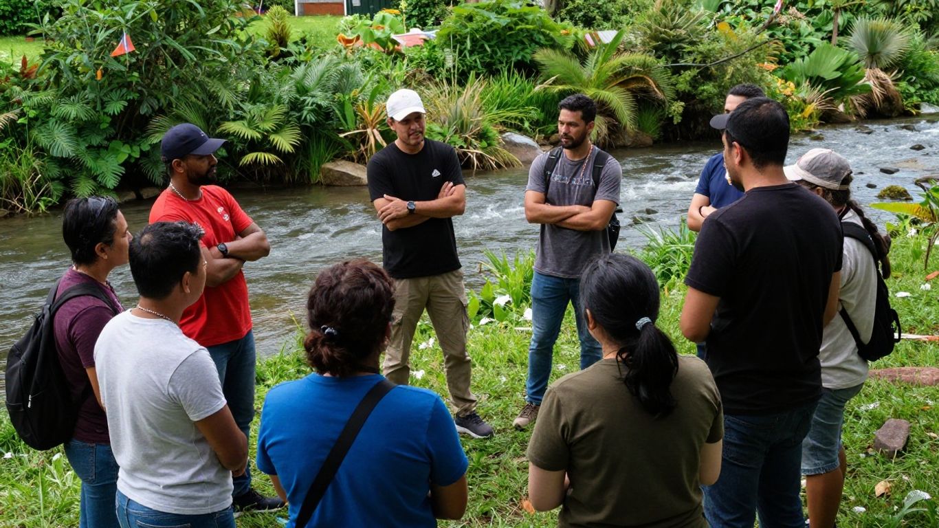 People discussing watershed management near a river.