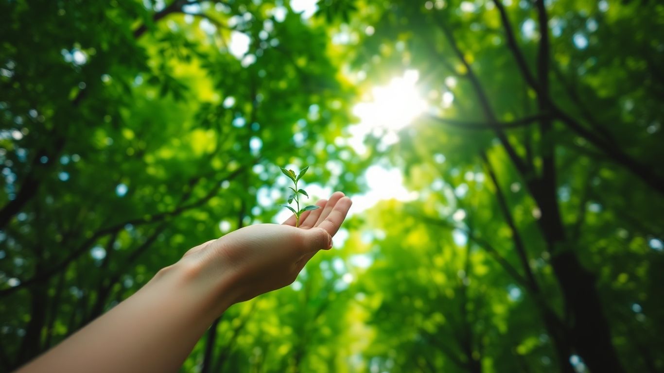 Green forest canopy with sunlight and a hand holding a seedling.