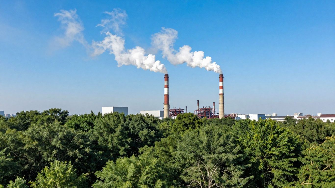 Smokestacks emitting pollution near a forest and city.