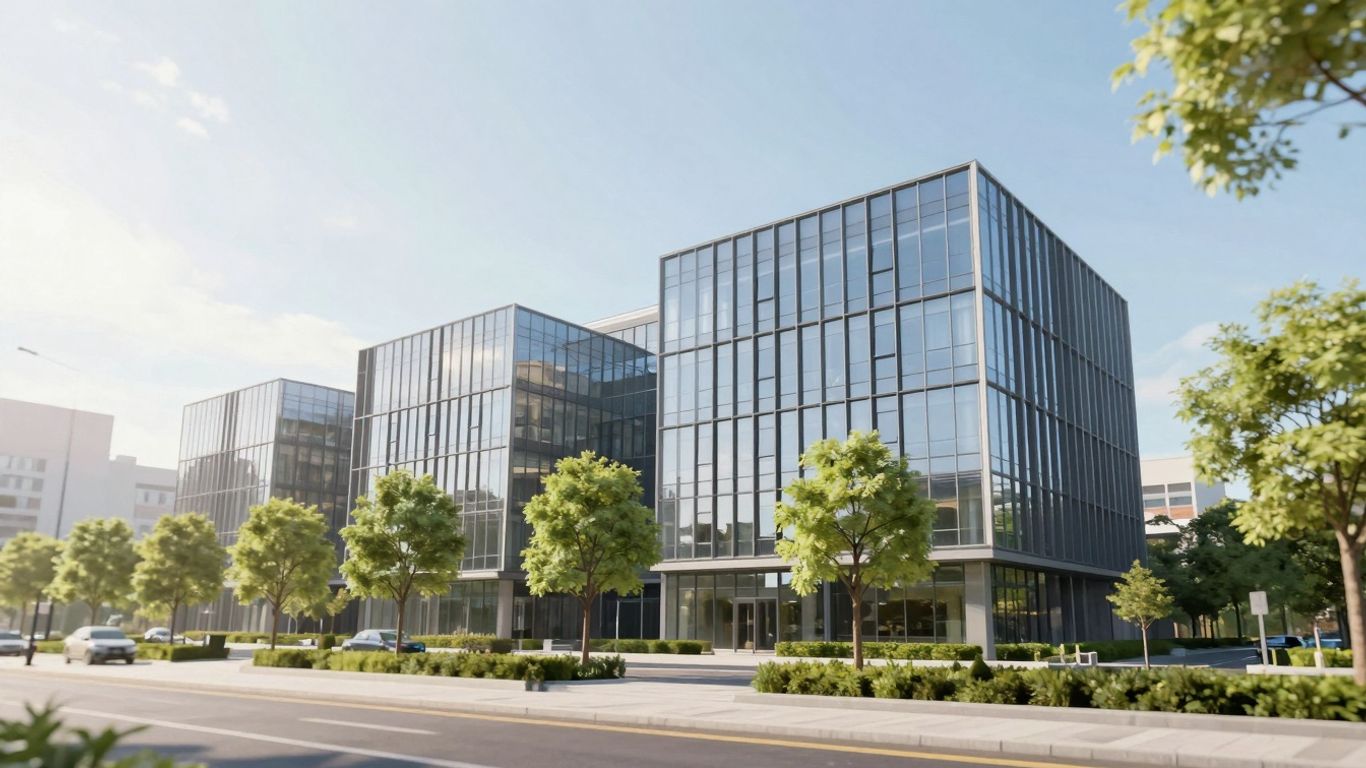 Corporate building with trees and blue sky.