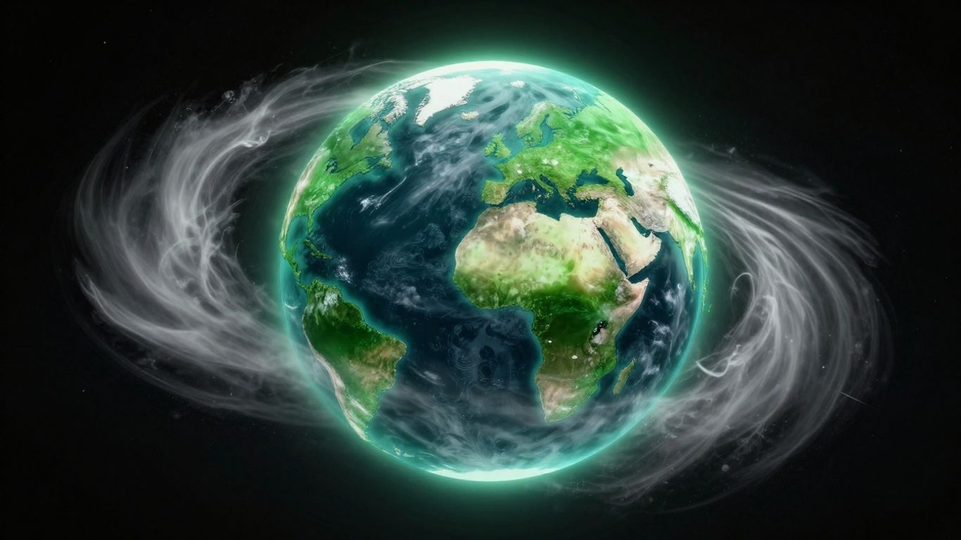 Green planet Earth with atmospheric clouds in deep space.