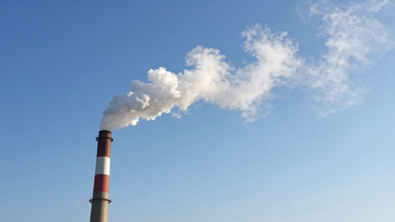Smokestack emitting white smoke into a blue sky.