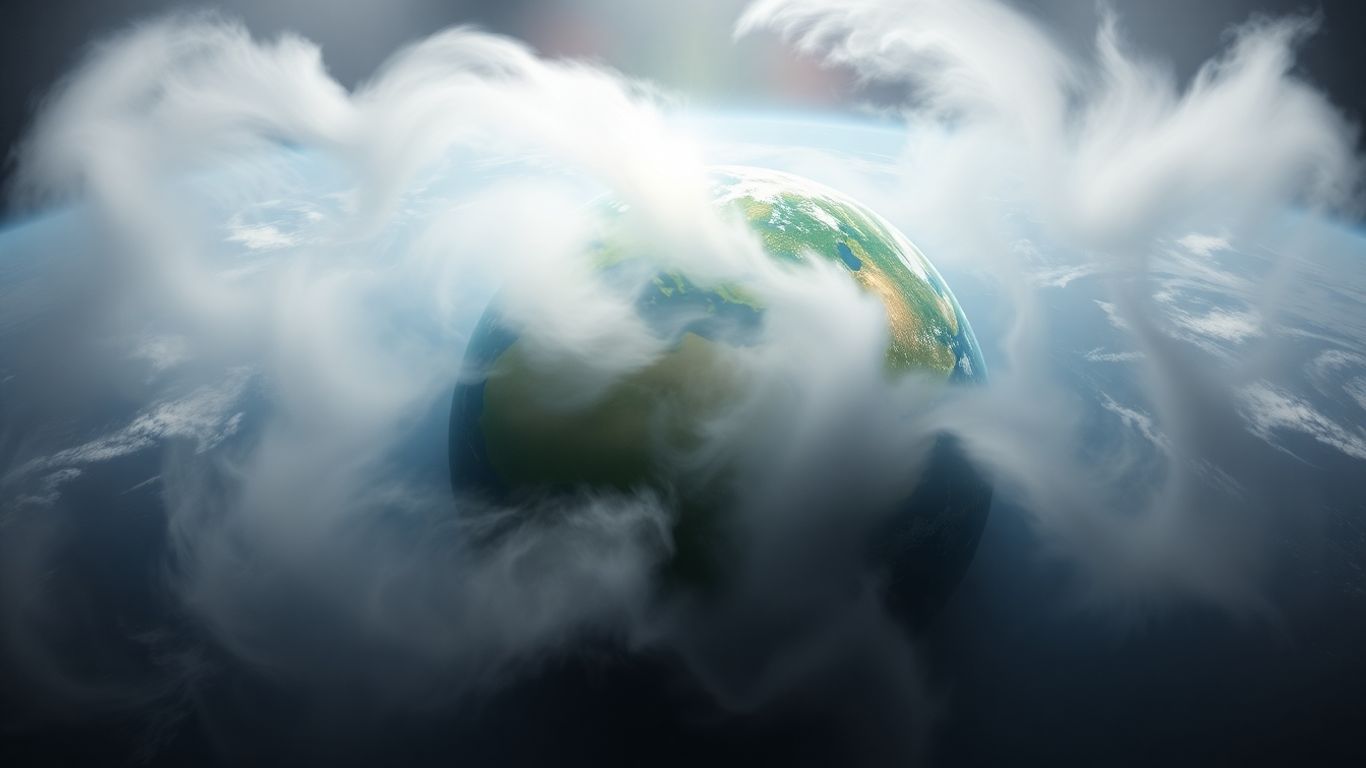 Green planet Earth with atmospheric gases and sunlight.