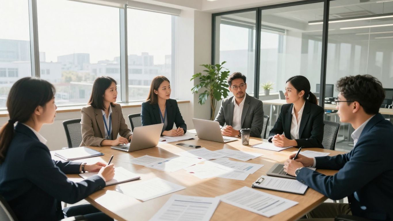 Professionals discussing EU reporting changes in a modern office.
