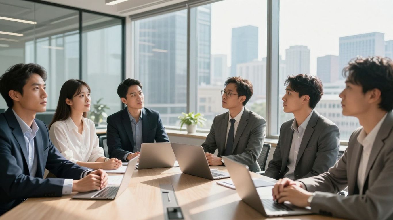 Business professionals observing a city skyline.