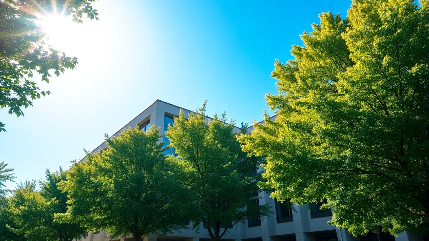 University building with trees and blue sky.