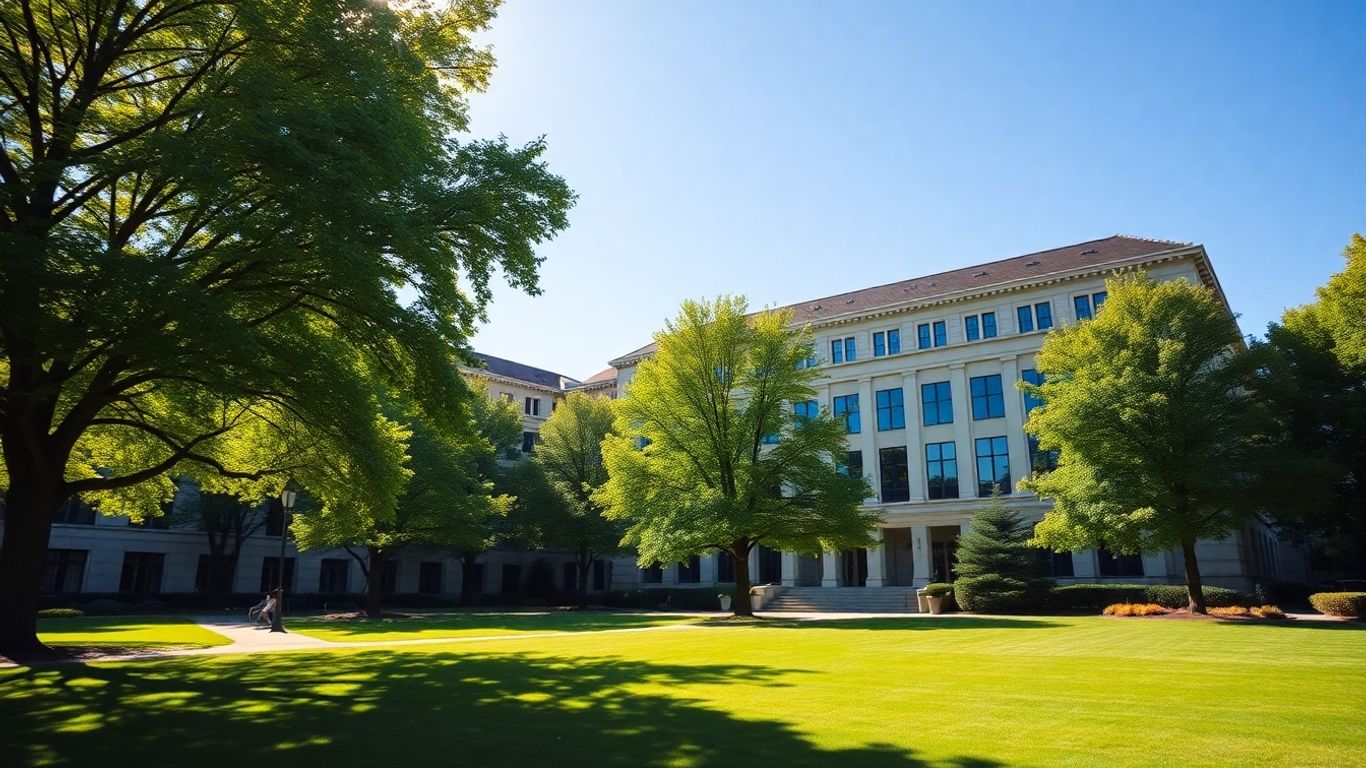 University building with trees and blue sky.