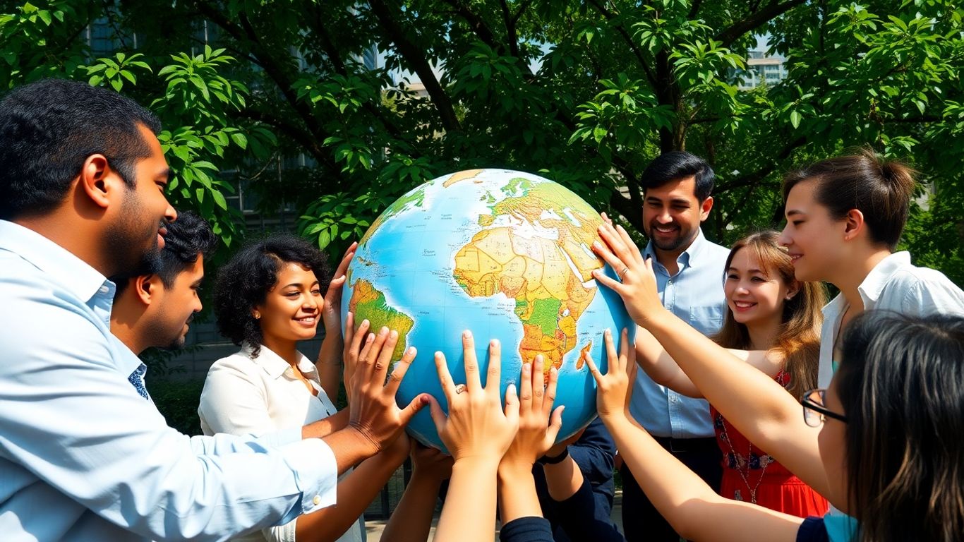 Professionals collaborating around a globe with green foliage.