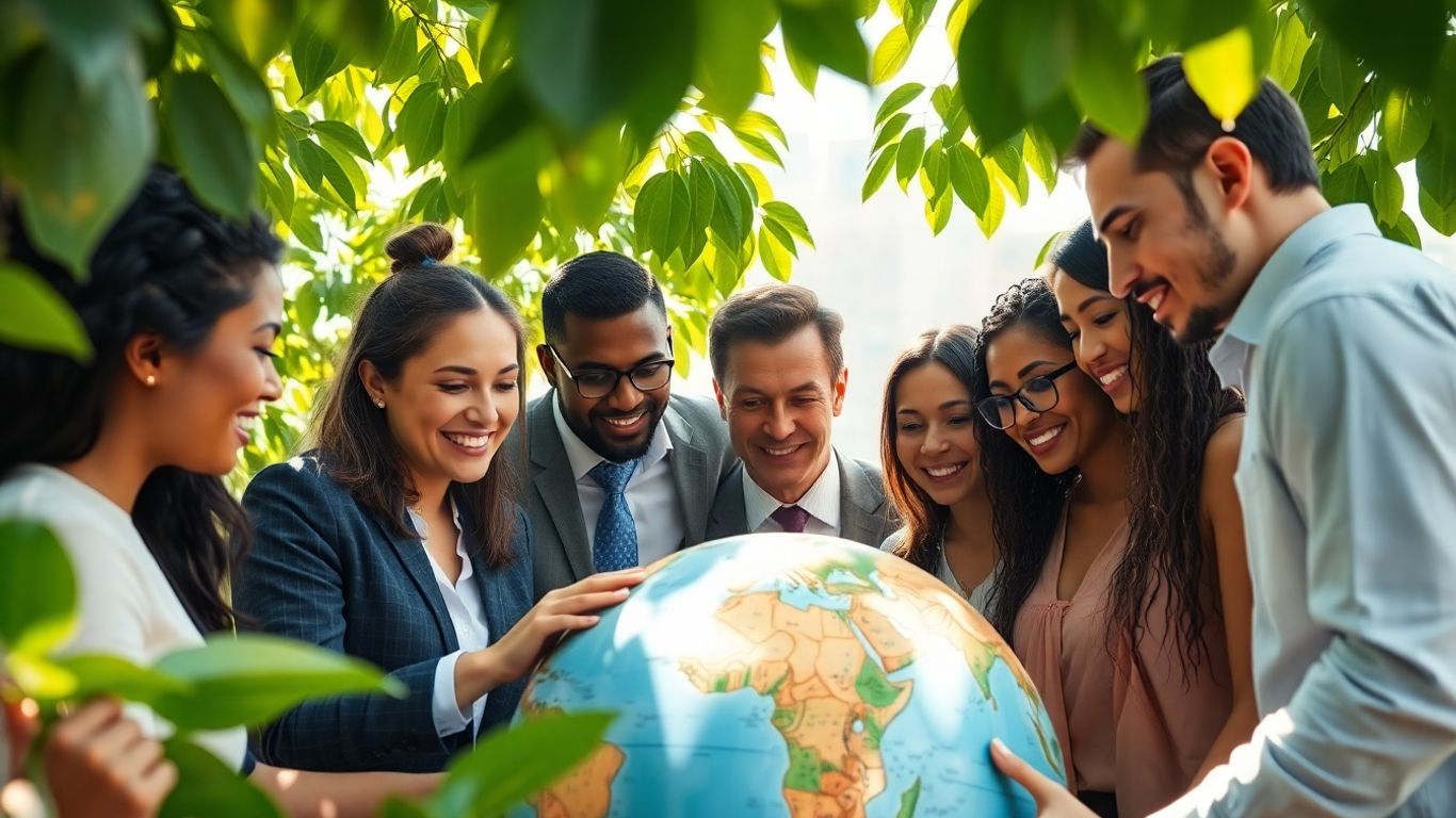 Global business professionals collaborating around a world globe.