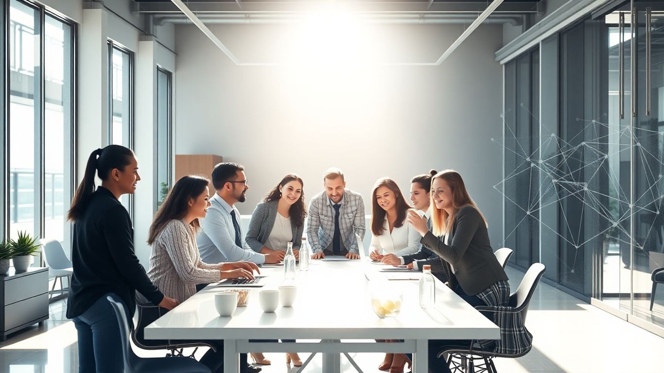 Supply chain professionals collaborating in a bright office.