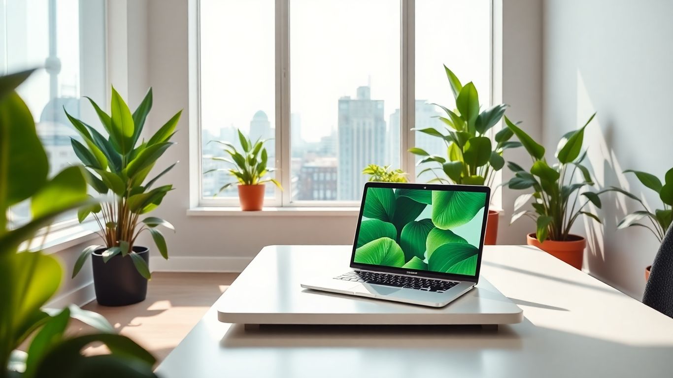 Modern office with plants and cityscape view.