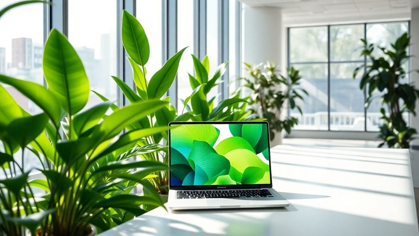 Modern office with plants and abstract green digital display.