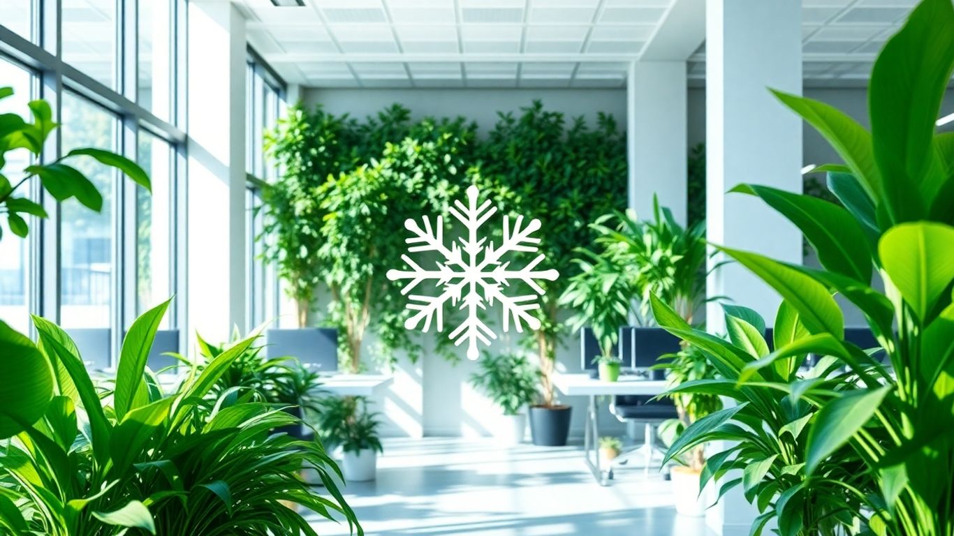 Snowkap logo with green plants and modern office.