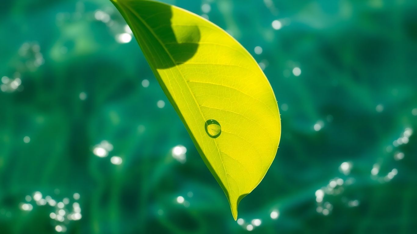 Green leaf with water droplets, symbolizing environmental health.