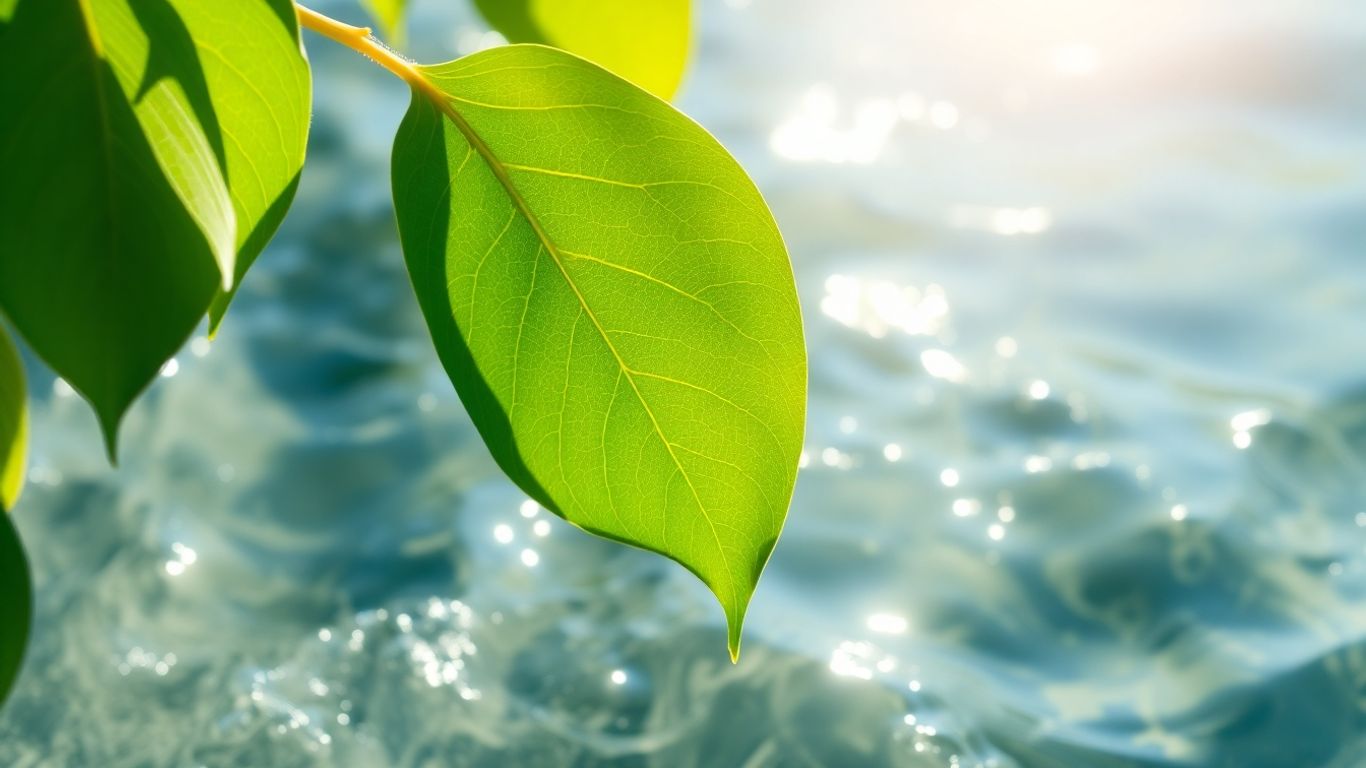Green leaf with water droplets and sunlight.