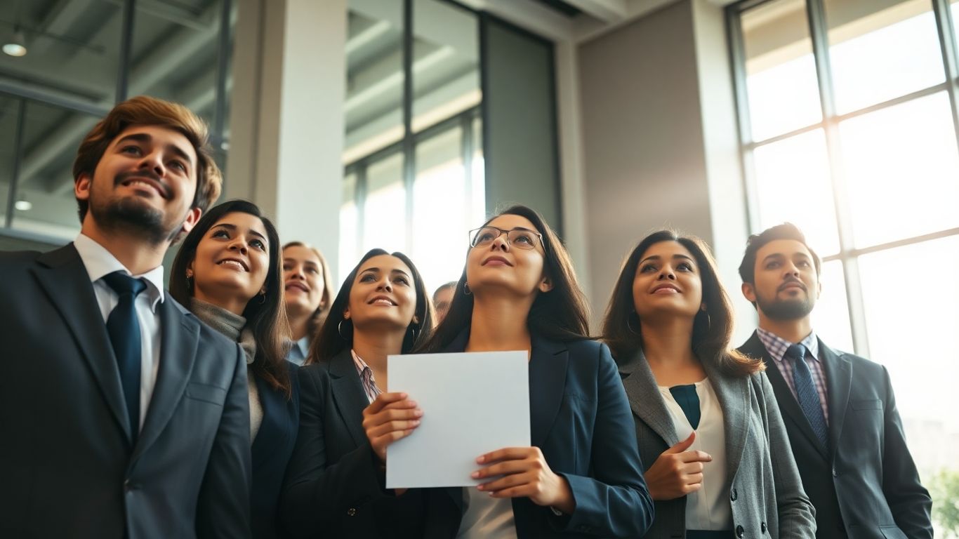 Professionals looking up towards career success with ESG certificate.