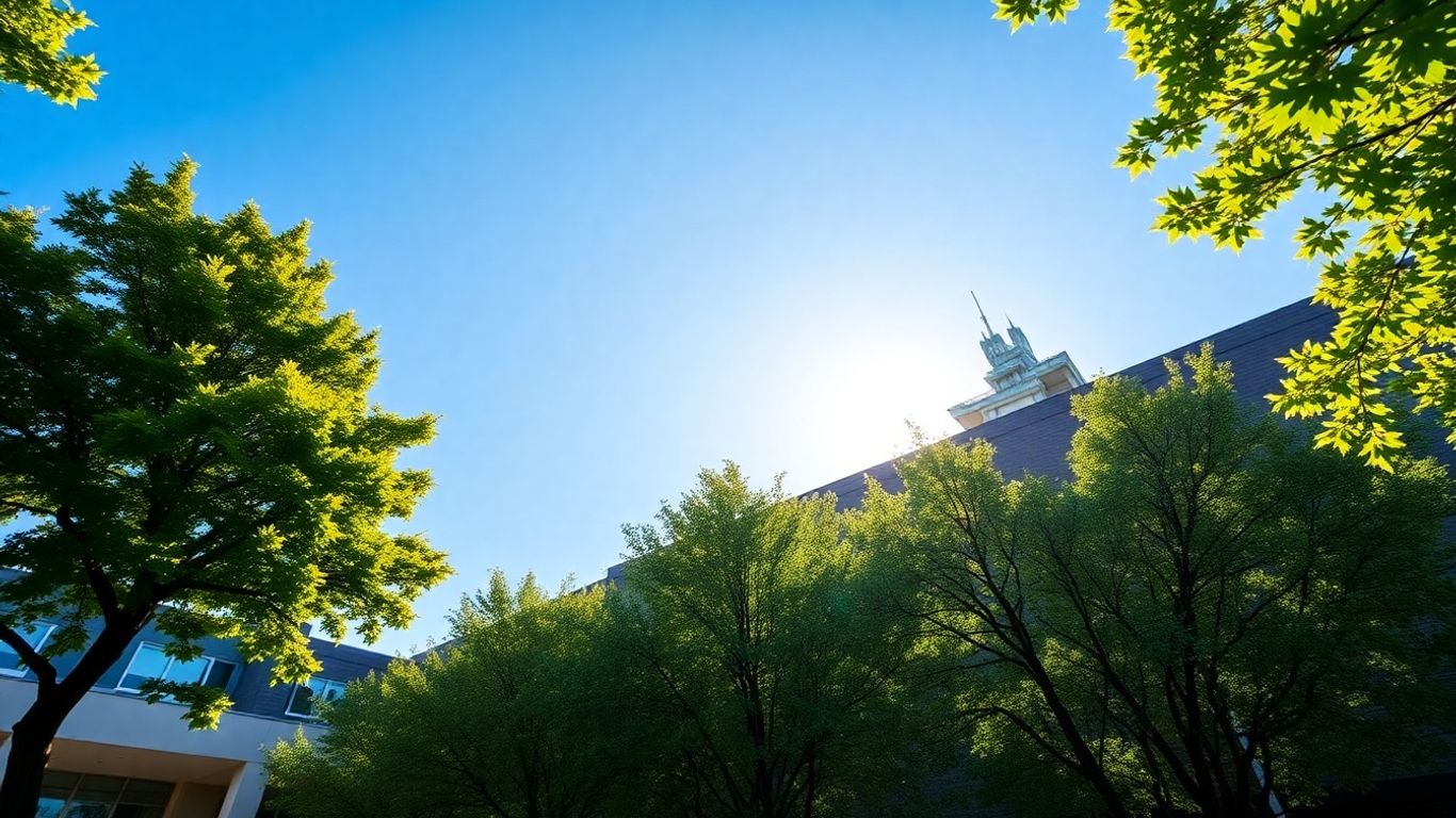 Yale School of Management building with trees and sky.